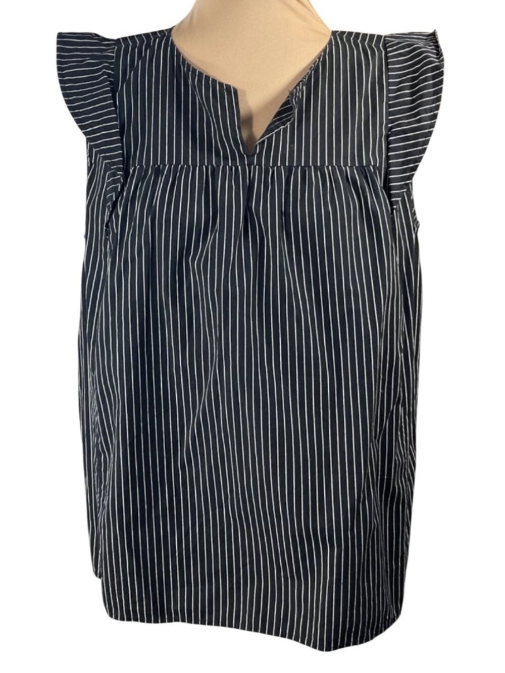 LOFT Navy and White Pinstripe Flutter Sleeve Blouse